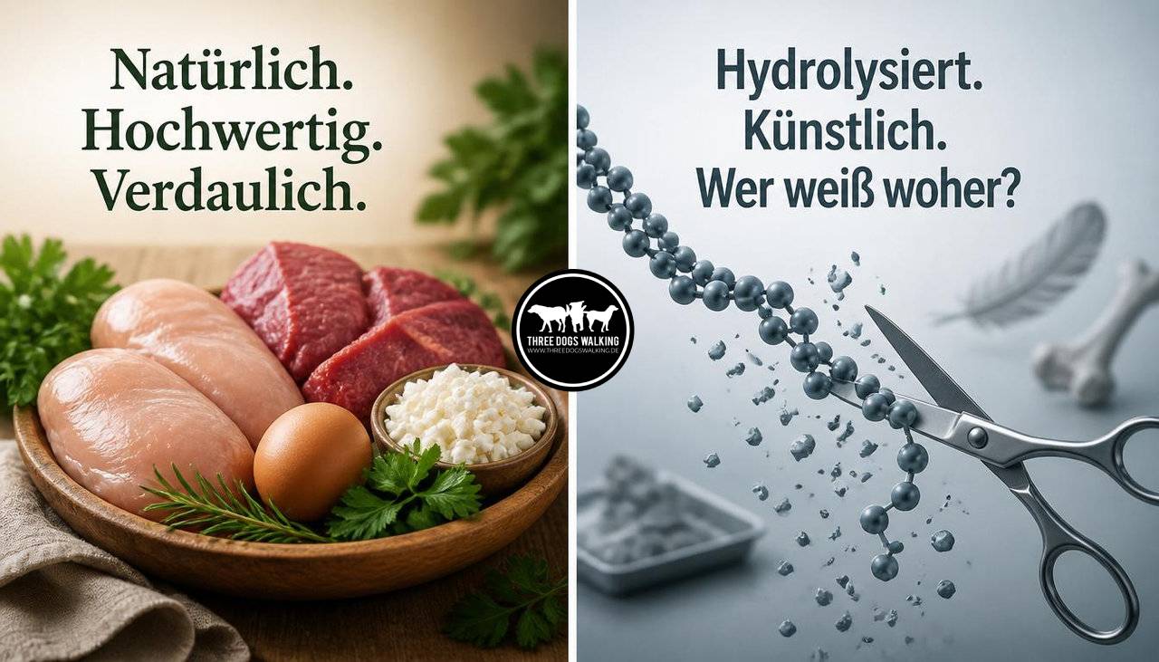 Ein ansprechend arrangierter Teller oder Napf mit erkennbaren, natürlichen Zutaten und eine abstrakte, wissenschaftlich anmutende Darstellung des Hydrolyse-Prozesses.